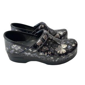 Dansko 37/7 black & metallic floral clogs LNC